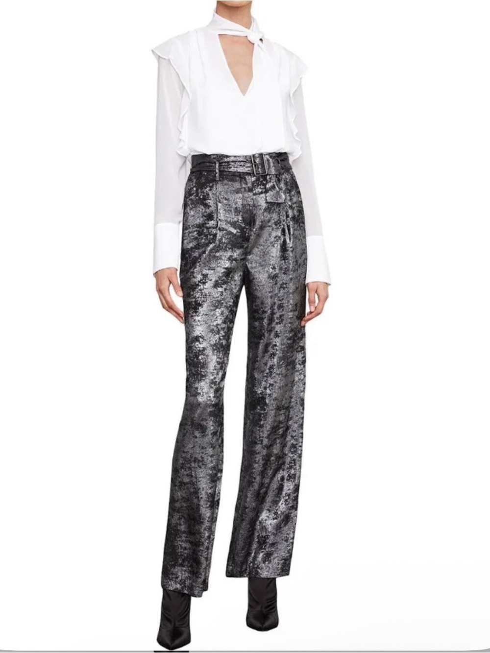 BCBGMAXAZRIA Metallic Belted Wide-Leg Trousers Size M